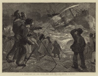 Un barco de vapor en las rocas, la brigada de vida disparando un cohete de Charles J. Staniland